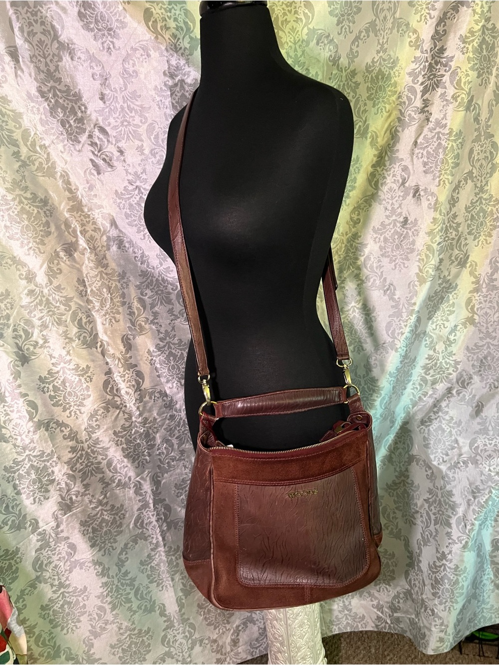 Woods Merlot/Brown Leather Suede Crossbody Shoulder Bag